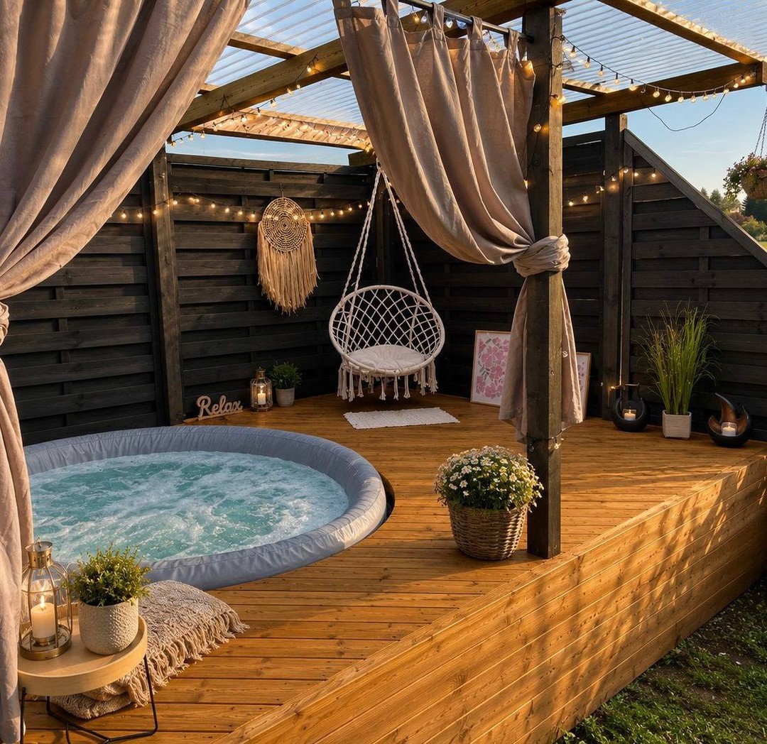 Holzterrasse mit Whirlpool und Pergola